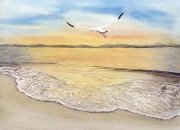 Poster DIN-A4  Sonnenuntergang Strand Aquarell Maritim Kunst Druck Kunstdruck Dänemark Nordsee Düne Dünen Meer Möwe Ostsee